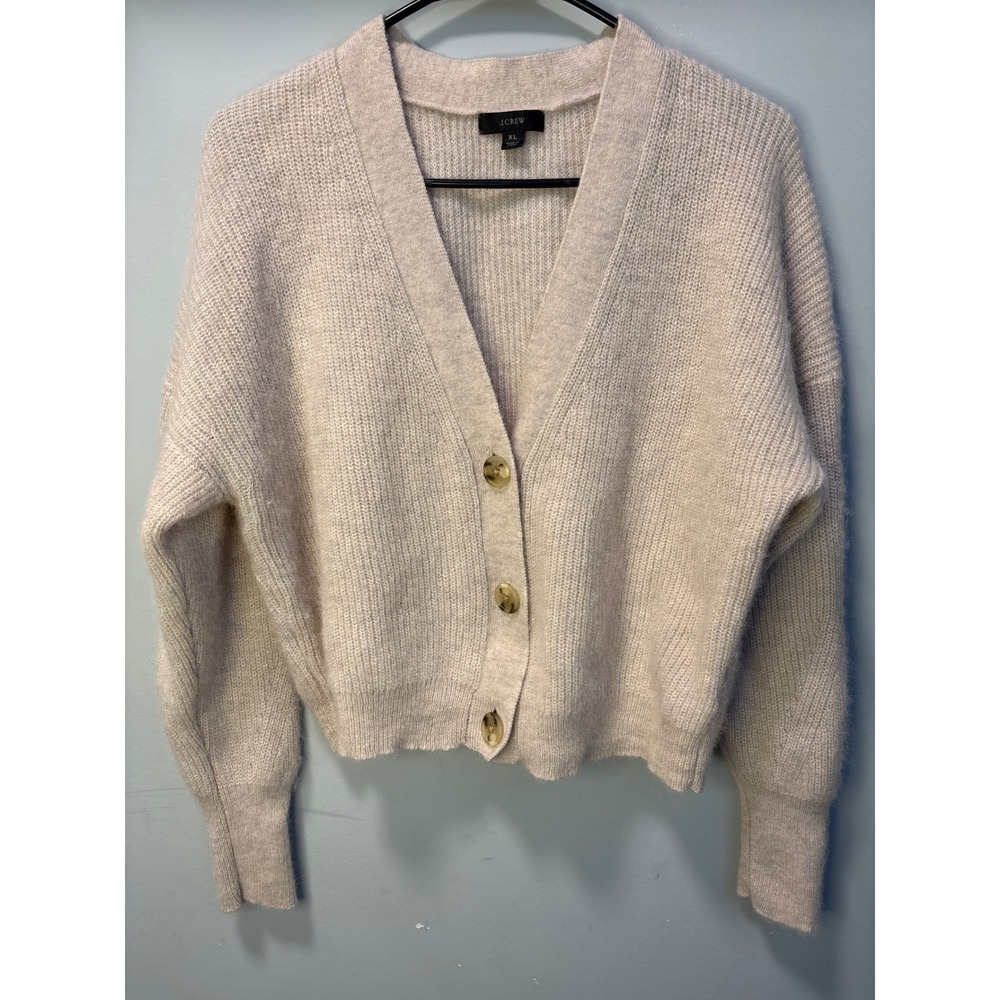J.Crew Alpaca Wool Blend Cropped Cardigan Sweater Heather Oatmeal XL - Picture 2 of 6